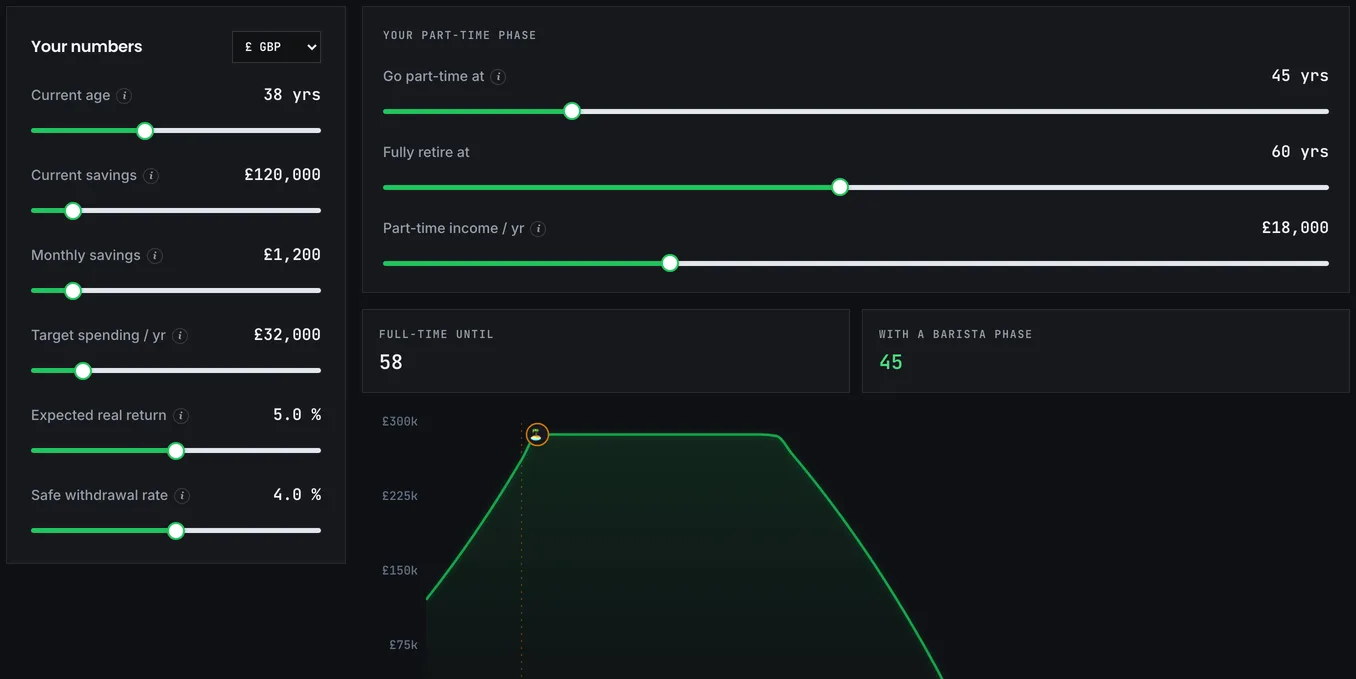 The Barista FIRE calculator with the part-time earning phase and the resulting pot
